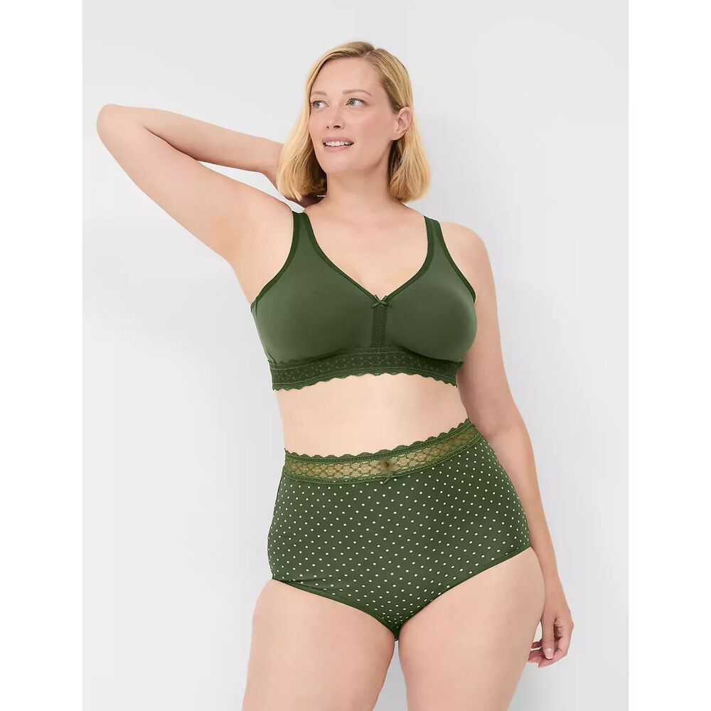 NWT Cotton High-Leg Brief Panty With Lace Waist green white Poka dots 34/36 size